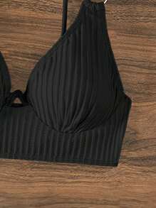 SHEIN Swim 2026 春夏款黑色可调节肩带聚拢度假短款上衣 - 黑色 - 查看 4