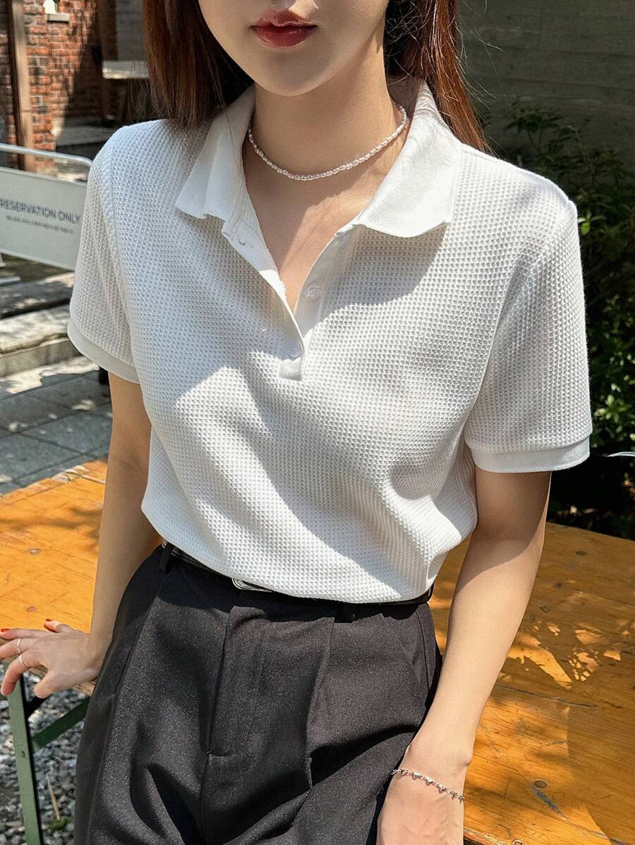 DAZY Polo Neck Waffle Knit Tee - White - View 1