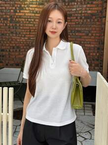 DAZY Polo Neck Waffle Knit Tee - White - View 3