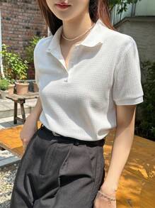 DAZY Polo Neck Waffle Knit Tee - White - View 4