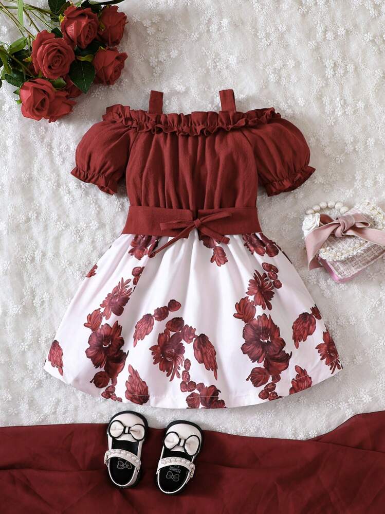 SHEIN Baby Girl Floral Print Cold Shoulder Frill Trim Puff Sleeve Dress SHEIN