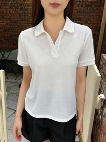 DAZY Polo Neck Waffle Knit Tee - White - View 5