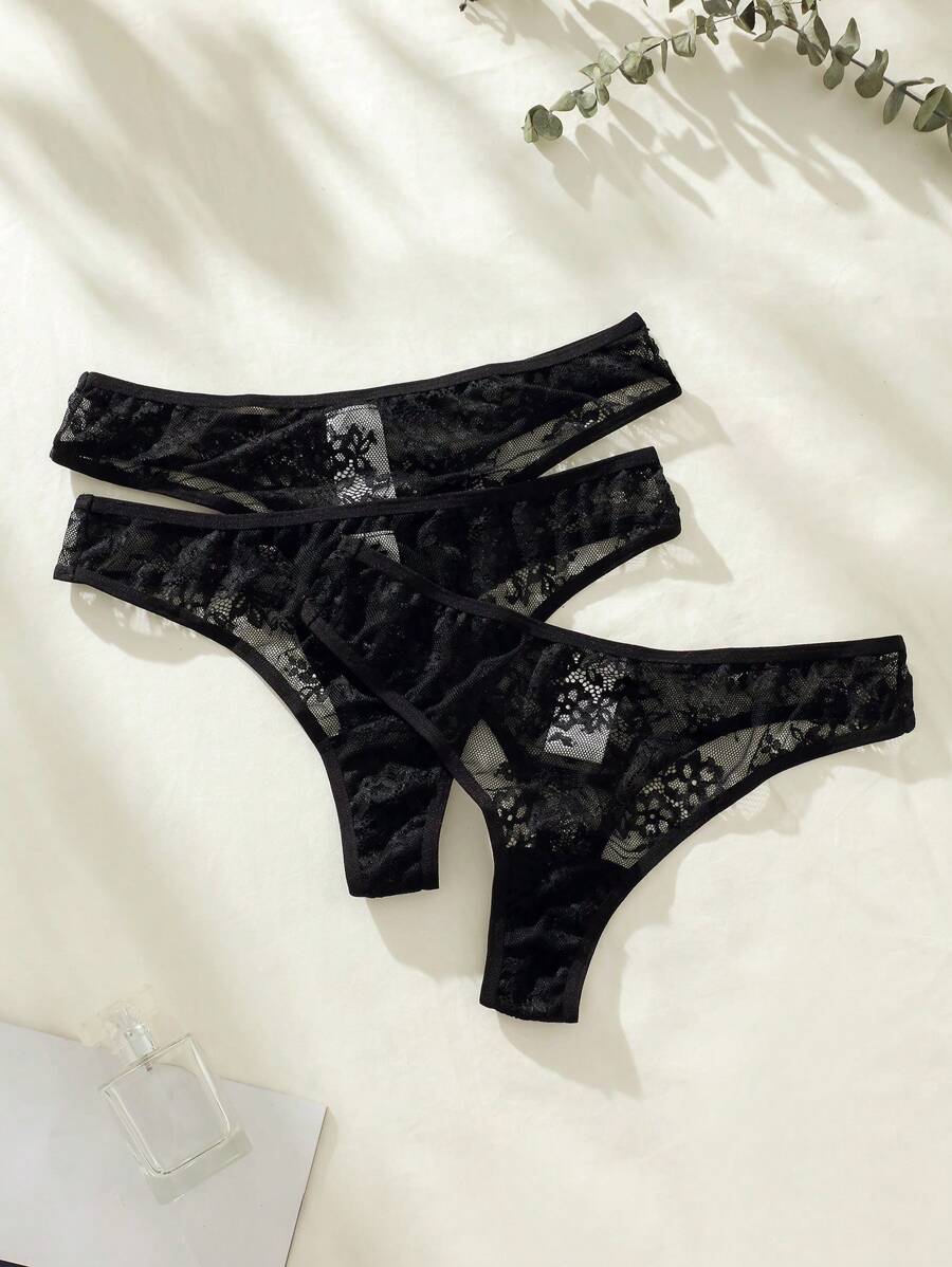 Paquete de 3 bragas con encaje floral, lencería sexy
