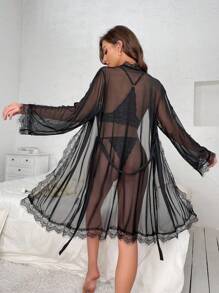 Contrast Lace Sheer Mesh Robe With Belt, Sexy Lingerie - Black - View 2