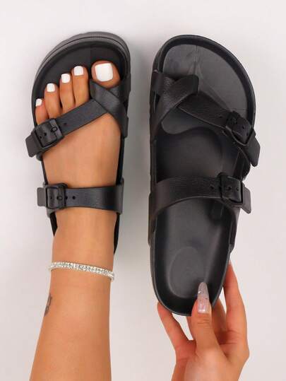 pueenb Summer Fashion New Sandals, Women's Buckle Thick-Sole Sandals, Open-Toe Solid Color Lightweight Beach Slippers, Comfortable Flip-Flop EVA Sandals For Holiday