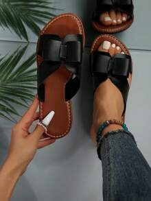 女士蝴蝶結裝飾平底涼鞋,優雅夏天涼拖 - 黑色 - 查看 1