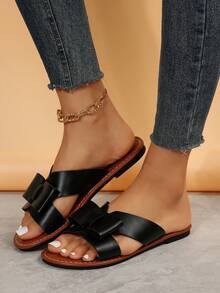 女士蝴蝶結裝飾平底涼鞋,優雅夏天涼拖 - 黑色 - 查看 2