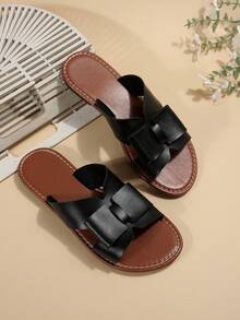 女士蝴蝶結裝飾平底涼鞋,優雅夏天涼拖 - 黑色 - 查看 3