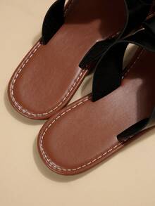 女士蝴蝶結裝飾平底涼鞋,優雅夏天涼拖 - 黑色 - 查看 6