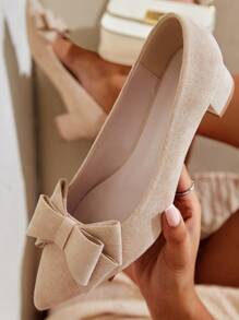 Giày cao gót họa tiết hoa mai thanh lịch dành cho nữ, trang trí nơ Mũi nhọn Giày cao gót giả da lộn chunky - Màu be - Xem 1