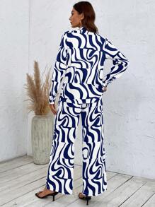 SHEIN LUNE 滿版印花襯衫和闊腿褲 - 藍白色 - 查看 2