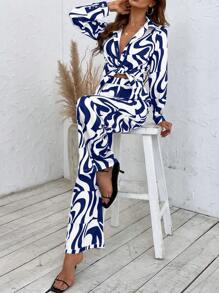 SHEIN LUNE 滿版印花襯衫和闊腿褲 - 藍白色 - 查看 4