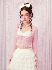 ROMWE Kawaii 蕾絲拼接前紐扣短款上衣無女用短袖襯衣 - 粉色 - 查看 1