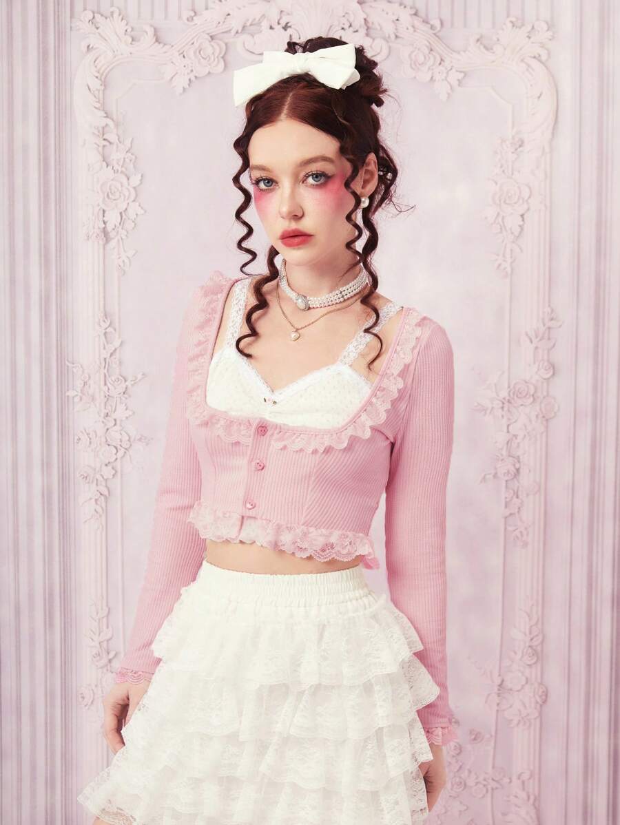 ROMWE Kawaii 蕾絲拼接前紐扣短款上衣無女用短袖襯衣 - 粉色 - 查看 1