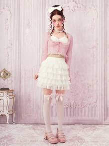 ROMWE Kawaii 蕾絲拼接前紐扣短款上衣無女用短袖襯衣 - 粉色 - 查看 5