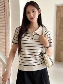 DAZY Striped Pattern Polo Neck Knit Top