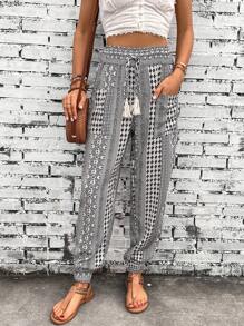 SHEIN LUNE Quần nữ Túi Hình học Bộ lạc Boho - Màu be - Xem 1