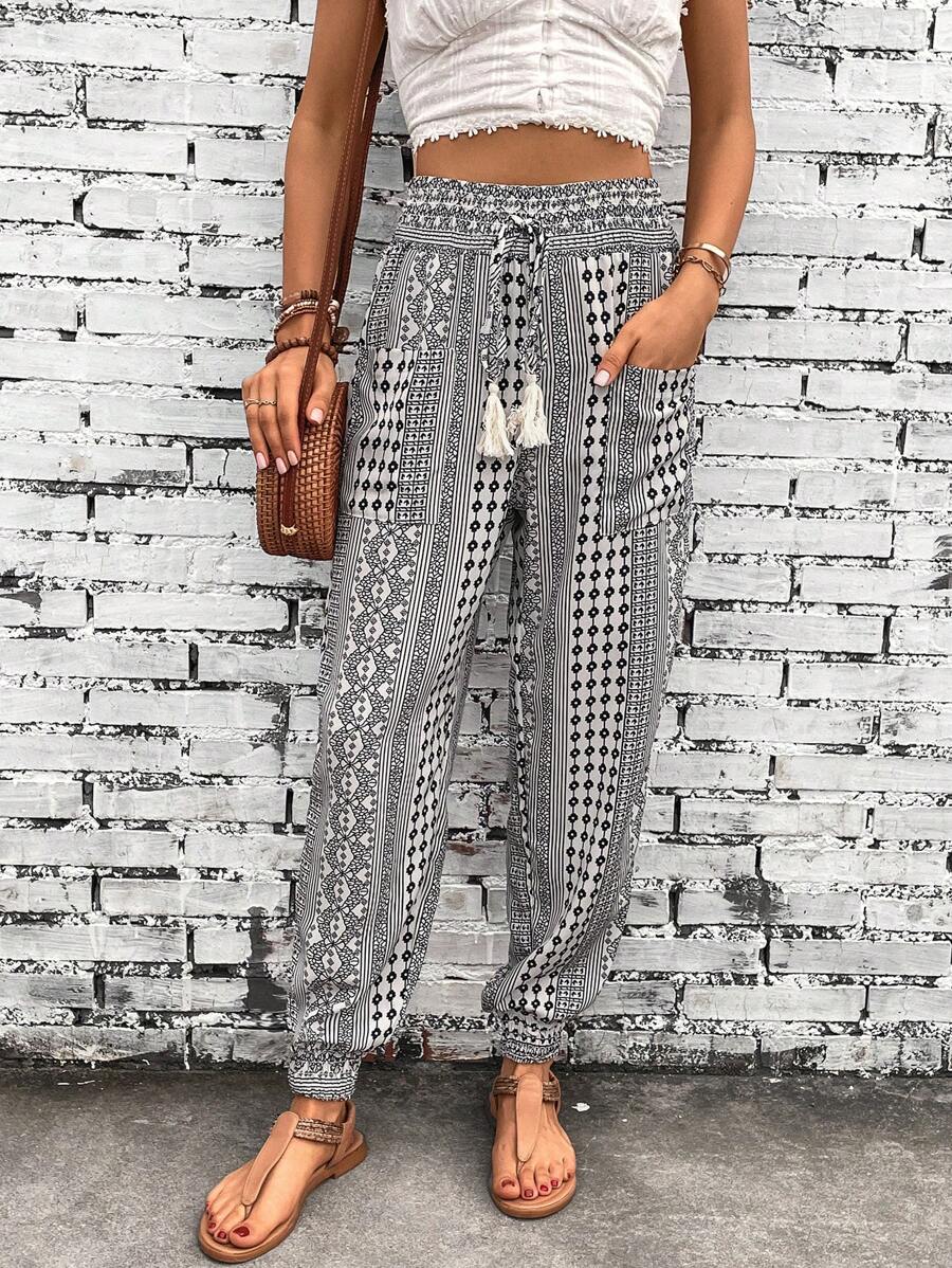 SHEIN LUNE Quần nữ Túi Hình học Bộ lạc Boho - Màu be - Xem 1