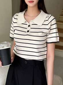 DAZY Striped Pattern Polo Neck Knit Top