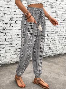 SHEIN LUNE Quần nữ Túi Hình học Bộ lạc Boho - Màu be - Xem 3