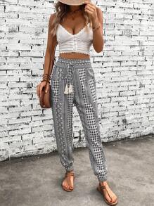 SHEIN LUNE Quần nữ Túi Hình học Bộ lạc Boho - Màu be - Xem 4