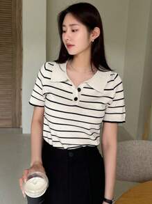 DAZY Striped Pattern Polo Neck Knit Top