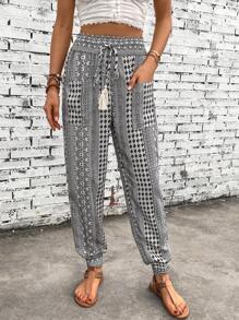 SHEIN LUNE Quần nữ Túi Hình học Bộ lạc Boho - Màu be - Xem 5