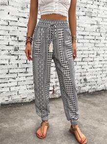 SHEIN LUNE Quần nữ Túi Hình học Bộ lạc Boho - Màu be - Xem 6