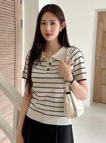 DAZY Striped Pattern Polo Neck Knit Top