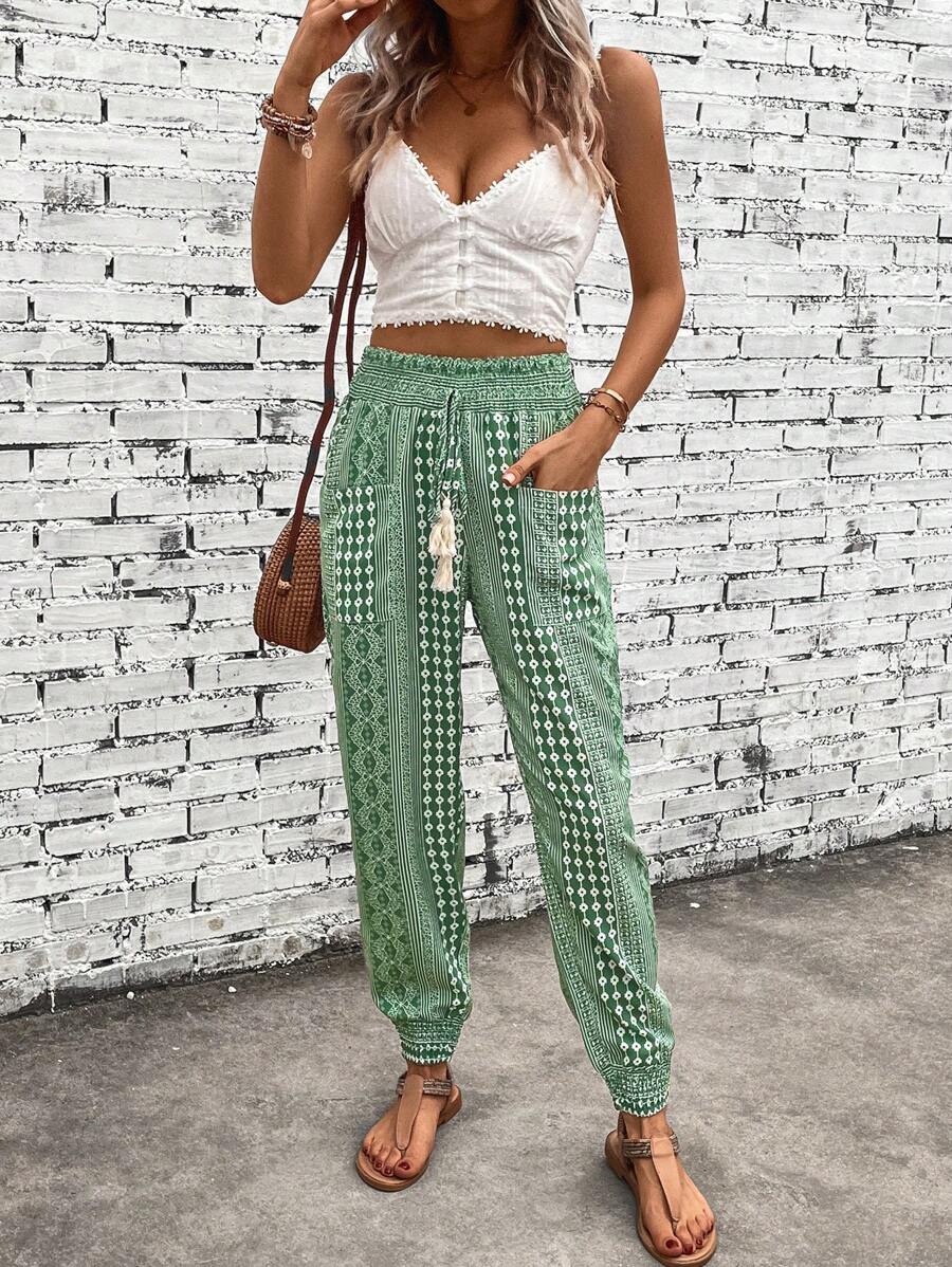 SHEIN LUNE Quần nữ Túi Bộ lạc Boho - Màu xanh Ô liu - Xem 1