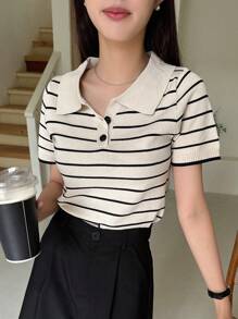 DAZY Striped Pattern Polo Neck Knit Top
