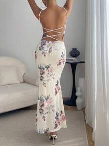 SHEIN Privé In hoa Thánh giá Không lưng Nàng tiên cá Hem Váy Dây - trắng - Xem 2