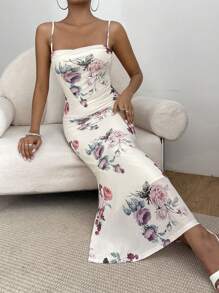 SHEIN Privé In hoa Thánh giá Không lưng Nàng tiên cá Hem Váy Dây - trắng - Xem 4