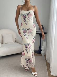 SHEIN Privé In hoa Thánh giá Không lưng Nàng tiên cá Hem Váy Dây - trắng - Xem 6