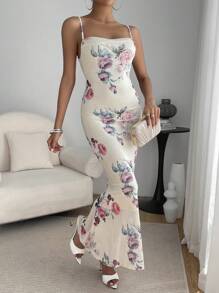 SHEIN Privé In hoa Thánh giá Không lưng Nàng tiên cá Hem Váy Dây - trắng - Xem 1