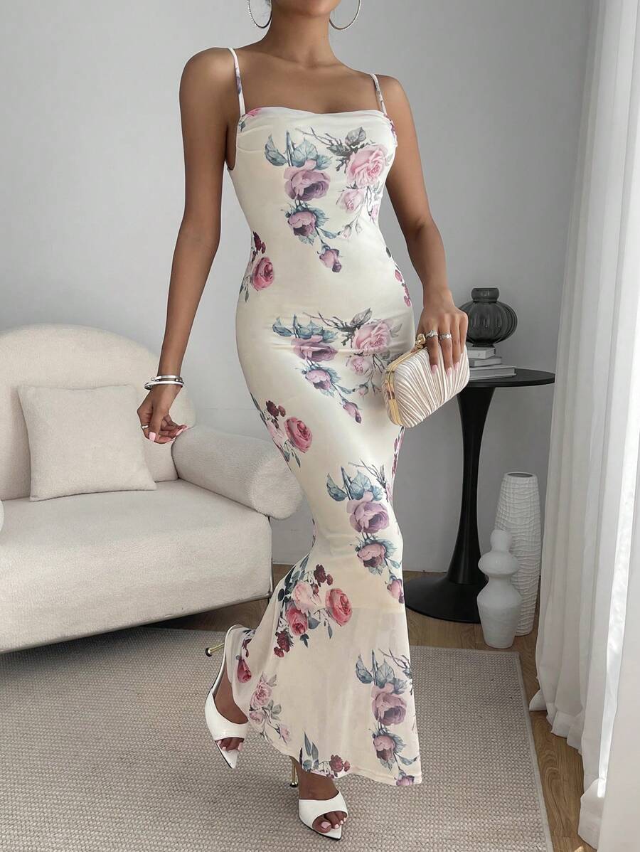 SHEIN Privé In hoa Thánh giá Không lưng Nàng tiên cá Hem Váy Dây - trắng - Xem 1