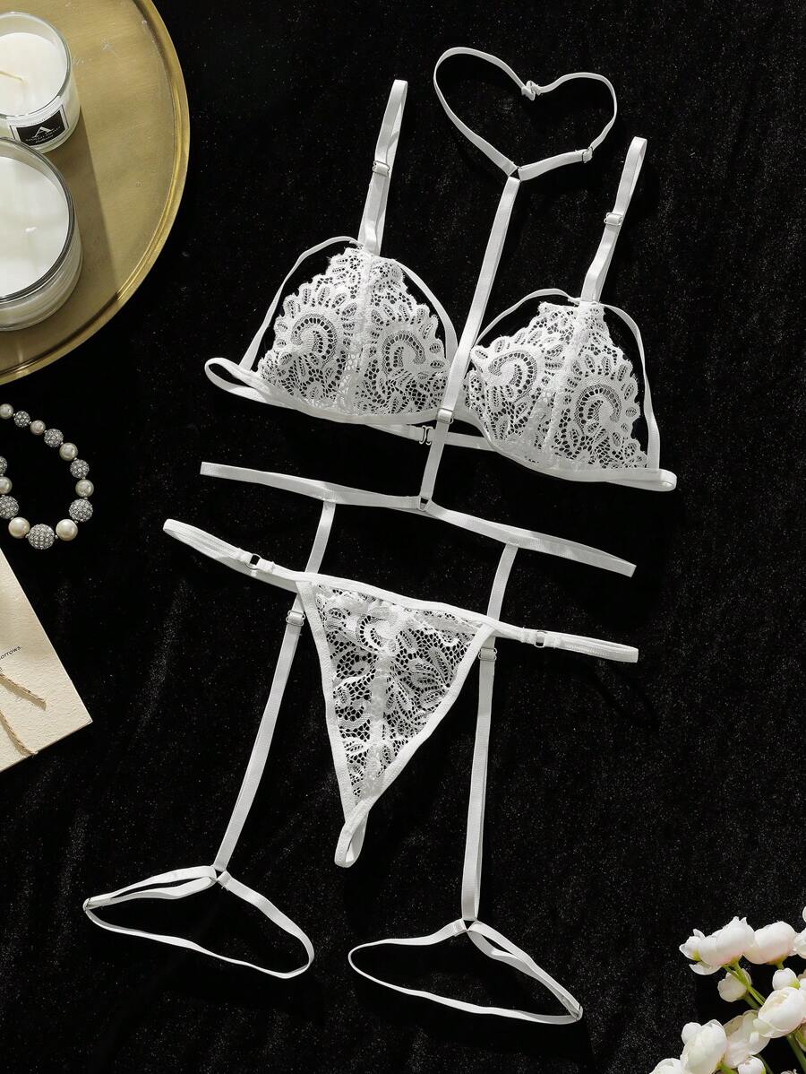 SHEIN 花卉蕾絲鋼圈吊帶襪內衣套裝 - 白色 - 查看 1