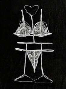 SHEIN 花卉蕾絲鋼圈吊帶襪內衣套裝 - 白色 - 查看 2