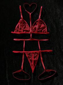 SHEIN Set de lencería con encaje floral con liga - Rosa Roja - Ver 2