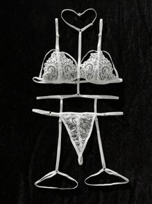 SHEIN 花卉蕾絲鋼圈吊帶襪內衣套裝 - 白色 - 查看 5