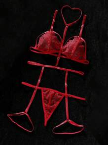 SHEIN Set de lencería con encaje floral con liga - Rosa Roja - Ver 3