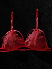 SHEIN Set de lencería con encaje floral con liga - Rosa Roja - Ver 4