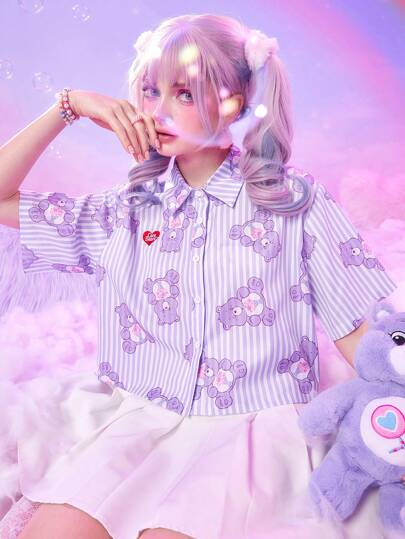 ROMWE X Care Bears Cartoon Bear Graphic Striped Button Front Shirt