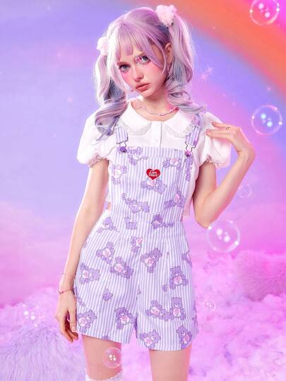 ROMWE X Care Bears Striped & Cartoon Graphic Overall Jumpsuit