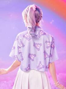 ROMWE X Care Bears Cartoon Bear Graphic Striped Button Front Shirt - Purple - View 3