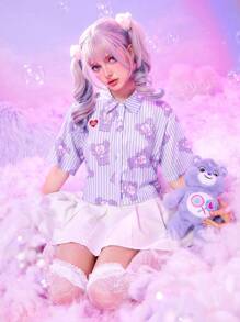 ROMWE X Care Bears Cartoon Bear Graphic Striped Button Front Shirt - Purple - View 4