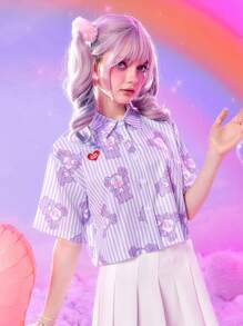 ROMWE X Care Bears Cartoon Bear Graphic Striped Button Front Shirt - Purple - View 5