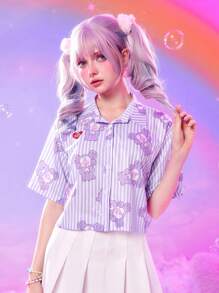 ROMWE X Care Bears Cartoon Bear Graphic Striped Button Front Shirt - Purple - View 6