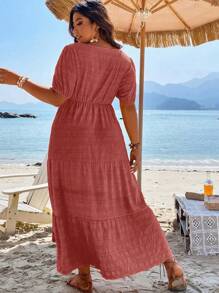 Breezaya 大碼方領泡泡袖多層下擺連衣裙 - 乾枯玫瑰色 - 查看 2