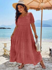 Breezaya 大碼方領泡泡袖多層下擺連衣裙 - 乾枯玫瑰色 - 查看 5